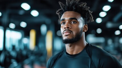 Fototapeta premium A confident young man with a beard stands thoughtfully in a modern gym, embodying determination and the pursuit of fitness while preparing for his next workout.