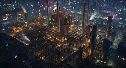 Aerial Night View of an Illuminated Industrial Complex