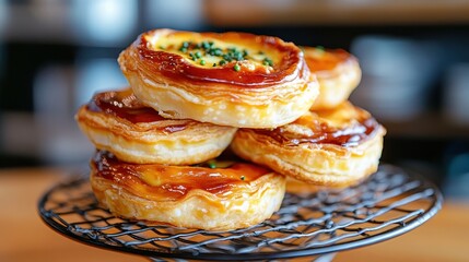A delightful stack of glossy, golden pastries showcases an enticing dessert selection, capturing the viewer's appetite with its rich hues and inviting appearance.