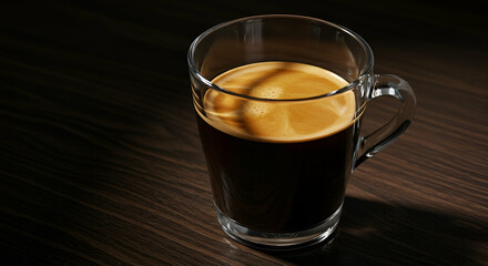 Dark Espresso in a Clear Glass Mug on Dark Wood