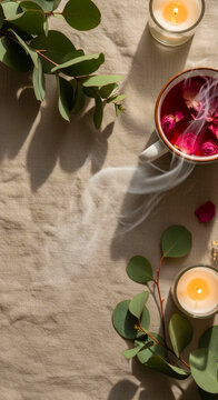Steaming Rose Buds Tea with Candles and Eucaliptus Flat Lay on Soft Linen &ndash; Warm Vintage Boho Feminine Romantic Style
