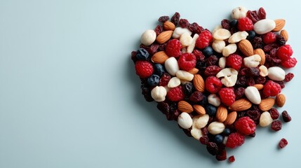 An artistic arrangement of nuts and berries forms a heart shape, symbolizing love and health, celebrating the beauty of wholesome foods in an appealing manner.