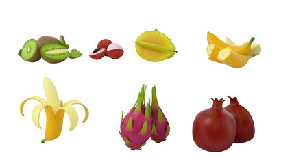 A colorful assortment of fruits including kiwi, lychee, starfruit, banana, dragon fruit, and pomegranate.
