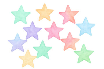 Obraz premium Eleven colorful watercolor stars are floating on a transparent background, creating a cheerful and dreamy atmosphere