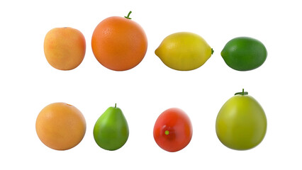 A collection of various fruits arranged in two rows, showcasing different colors and shapes.
