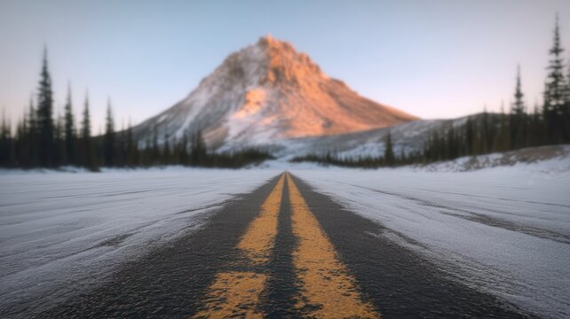 Open winter road stretching towards a snow-dusted mountain range at sunrise