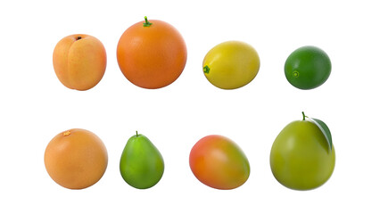 A selection of various fruits arranged in two rows, showcasing different shapes and colors.