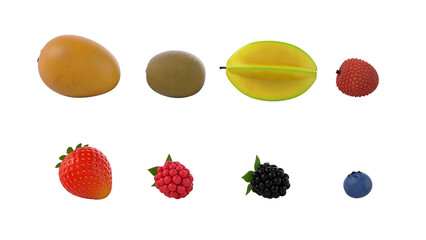A variety of fruits displayed in a row, showcasing different shapes and colors.
