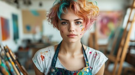 A vibrant young artist displays a playful spirit with colorful hair and paint-splattered attire, capturing the essence of creativity and self-expression in her studio.