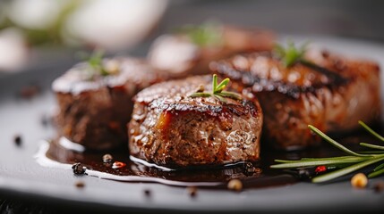 Mouthwatering grilled steak served on a plate, garnished with fresh herbs, showcasing culinary artistry that tempts the taste buds for a delicious dining experience.