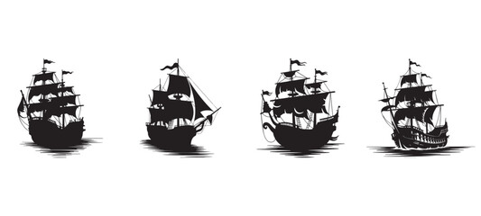 Pirate Ship Silhouette Set, Vintage Sailing Vessels on Sea