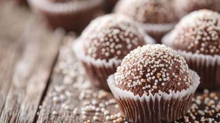 An enticing arrangement of chocolate treats adorned with delicate sprinkles, offering a delightful and mouth-watering visual treat for dessert lovers.