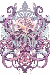 illustration of animal in vintage boho style. octopus  on background of plants and flowers. botanical drawing style. Postcard. notebook cover, print concept. scrapbooking wallpapers. digital art