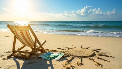 Deckchair With Euro Bills On A Beach With A Sun Drawn On The Sand