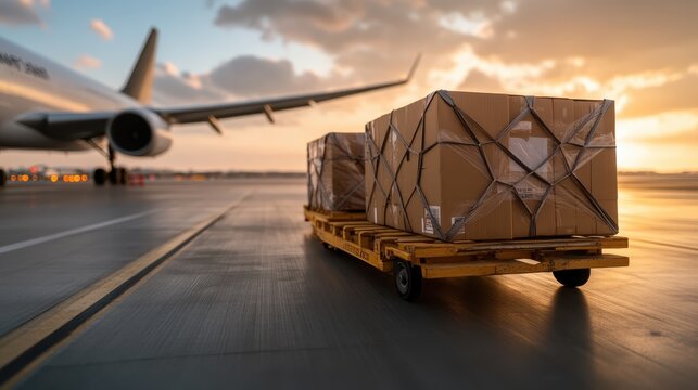 Showcasing cargo boxes neatly arranged on a trolley at the airport, this image captures the industrious spirit of logistics set against a stunning sunset backdrop.