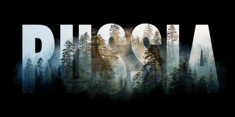 The image is a forest with trees and the word Russia written in the middle