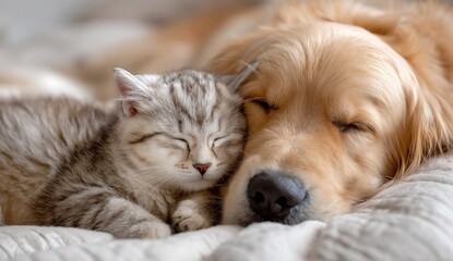 A cat and a dog are sleeping together on a bed