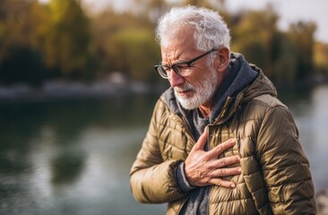 A man with a heart condition is standing by a body of water