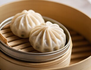 Steaming Dumplings in Bamboo Steamer: Two freshly steamed dumplings rest enticingly in a bamboo steamer, their delicate wrappers glistening with moisture. Ai generated image