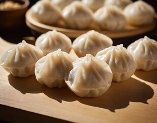 Steaming Dumplings: An appetizing shot of handmade dumplings arranged artfully, set on a wooden board ready to enjoy. Ai generated image