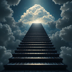 Ladder of success: 3D illustration of a stairway to the sky, symbolizing the climb to high achievement and business success among the clouds