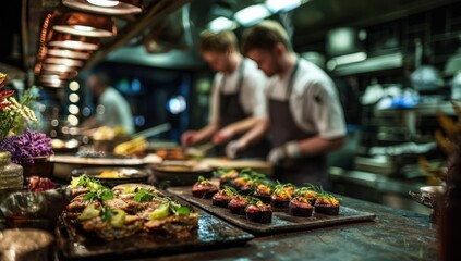 A group of chefs are preparing food in a kitchen