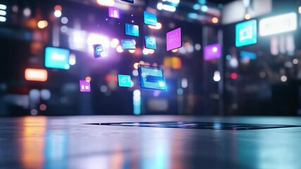 Futuristic digital data flow with floating icons vibrant neon lights abstract technology concept - Powered by Adobe