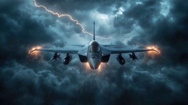 An aggressive military jet soaring through a dark and stormy sky, surrounded by ominous clouds and striking lightning, representing power, bravery, and technological prowess.