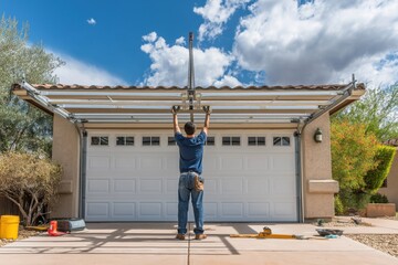 Man installs a garage door in a residential neighborhood on a sunny day while clouds decorate the blue sky