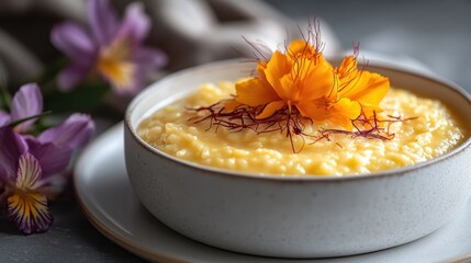 This exquisite saffron risotto, beautifully garnished with edible flowers, showcases a vibrant and elegant presentation perfect for culinary delights or food photography.