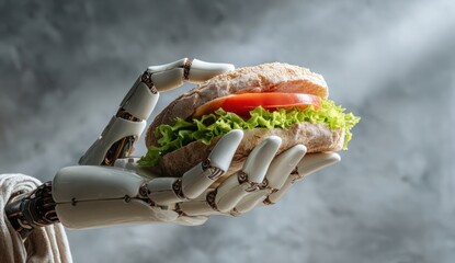 A robot is holding a sandwich with lettuce and tomato