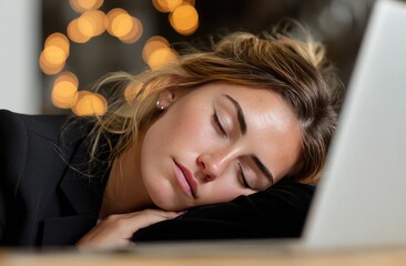 A woman is sleeping on a laptop