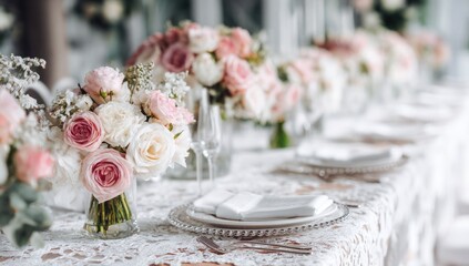 A table with a white tablecloth and a row of vases with flowers in them
