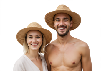 Happy couple with tanned skin and summer glow – romantic, sun-kissed moment of closeness, isolated on transparent background PNG.