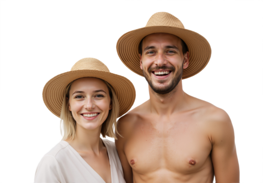 Happy couple with tanned skin and summer glow – romantic, sun-kissed moment of closeness, isolated on transparent background PNG.