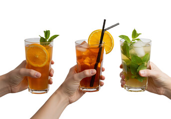 Set of orange and strawberry cocktails in men’s hands – refreshing summer drinks close-up, isolated on transparent background PNG.