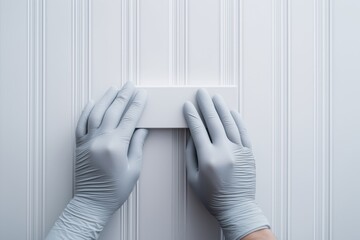 Hands in gloves applying adhesive to a white panel for wall installation inside a modern interior space