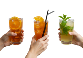 Set of orange and strawberry cocktails in men’s hands – refreshing summer drinks close-up, isolated on transparent background PNG.