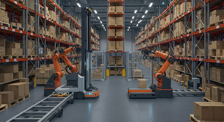 Automated Warehouse with Orange Robots and High-Bay Shelving