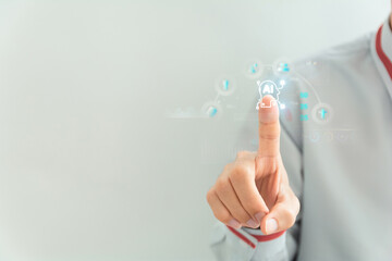 Hand touching AI hologram. Concept of artificial intelligence, future technology, and digital...