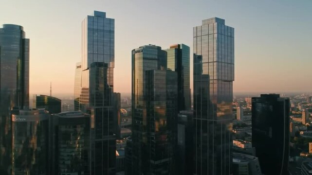 Aerial sunset view of Torontos downtown skyscrapers under construction, perfect for urban development websites, construction companies, and cityscape presentations. Suitable for commercial use.