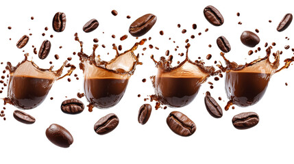 Set of delicious coffee beans splashing into coffee syrup on white background 