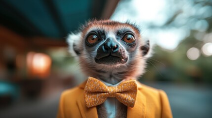 Obraz premium A whimsical portrait of a lemur dressed in a vibrant bow tie, exuding charm and character against a soft natural backdrop that highlights its playful demeanor.