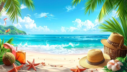 Obraz premium Tropical Beach With Sunbathing Accessories, Summer Holiday Background