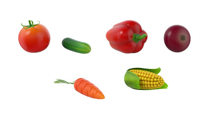 A collection of colorful vegetables including a tomato, cucumber, bell pepper, onion, carrot, and corn.