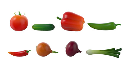 A variety of colorful vegetables including tomatoes, cucumbers, peppers, and onions, showcasing fresh produce.