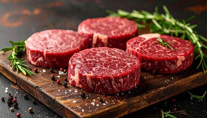 Variety Of Raw Cuts Of Meat, Dry Aged Beef Steaks And Hamburger Patties