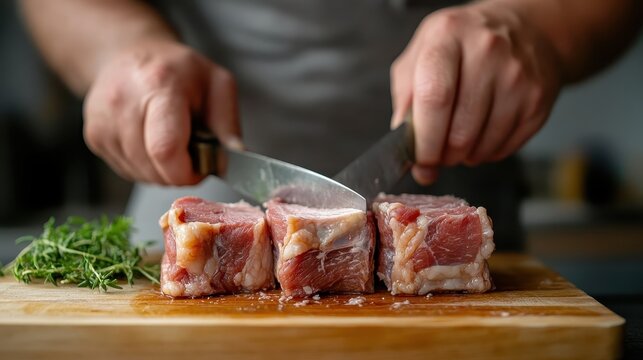 A skilled chef expertly chopping fresh meat on a wooden cutting board, showcasing culinary techniques and the art of food preparation in a kitchen setting.
