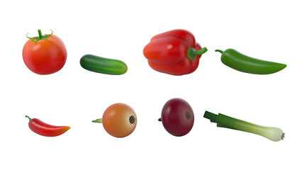 A collection of various vegetables, including tomatoes, peppers, cucumbers, and onions, displayed in a vibrant and colorful arrangement.