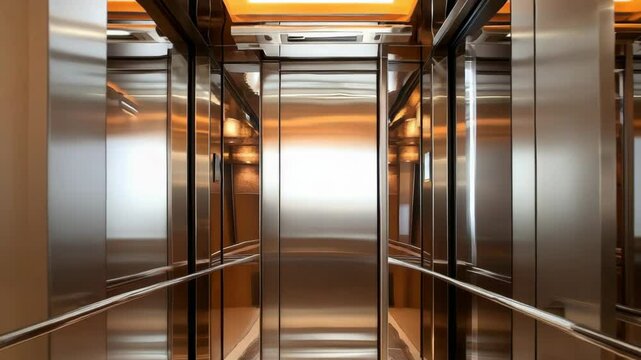 Sleek home elevator interior with mirrored walls, warm ceiling lighting, and stainless steel finish